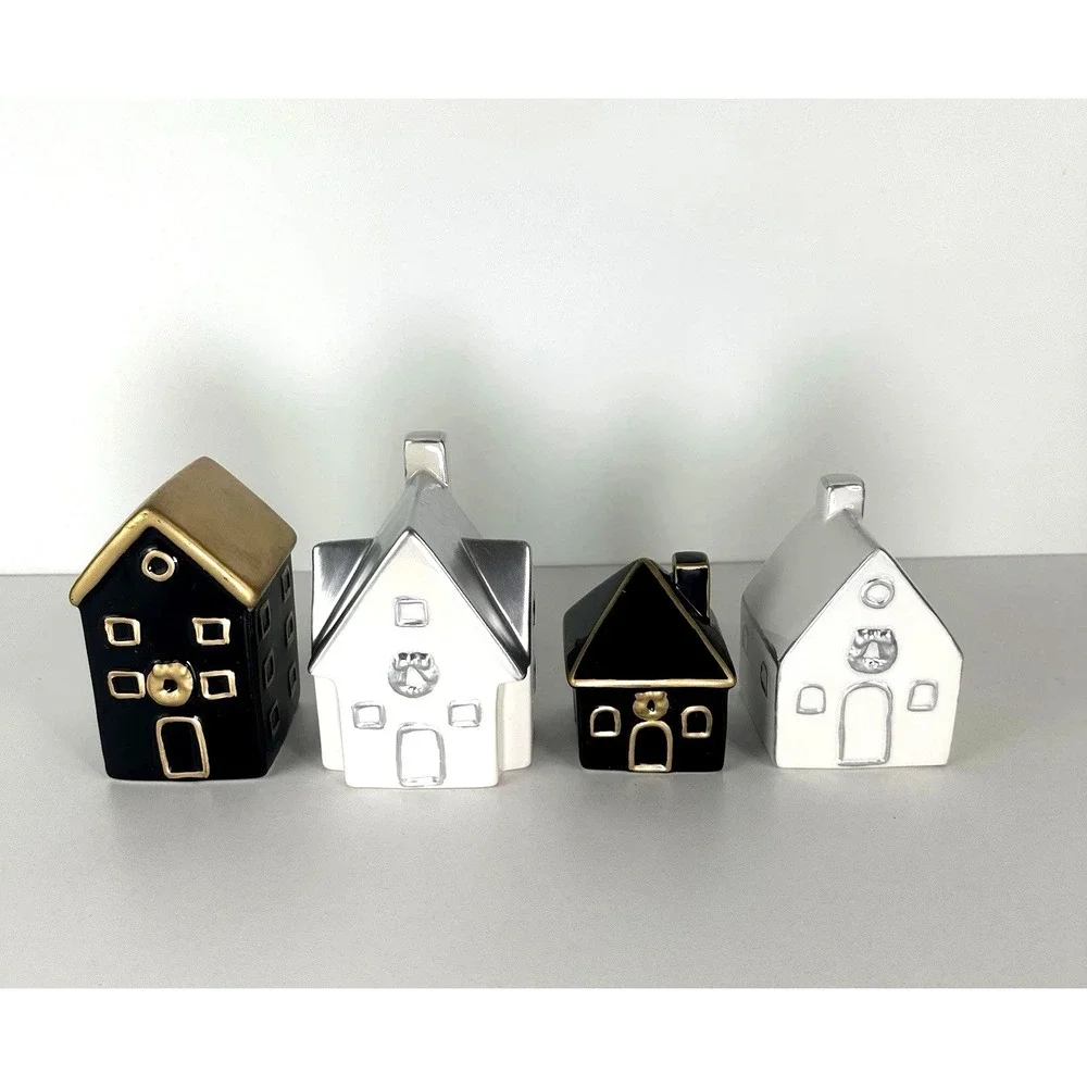 Becki Owens Ceramic Christmas Village Houses Decor Set Of‎ 4  Black White Gold